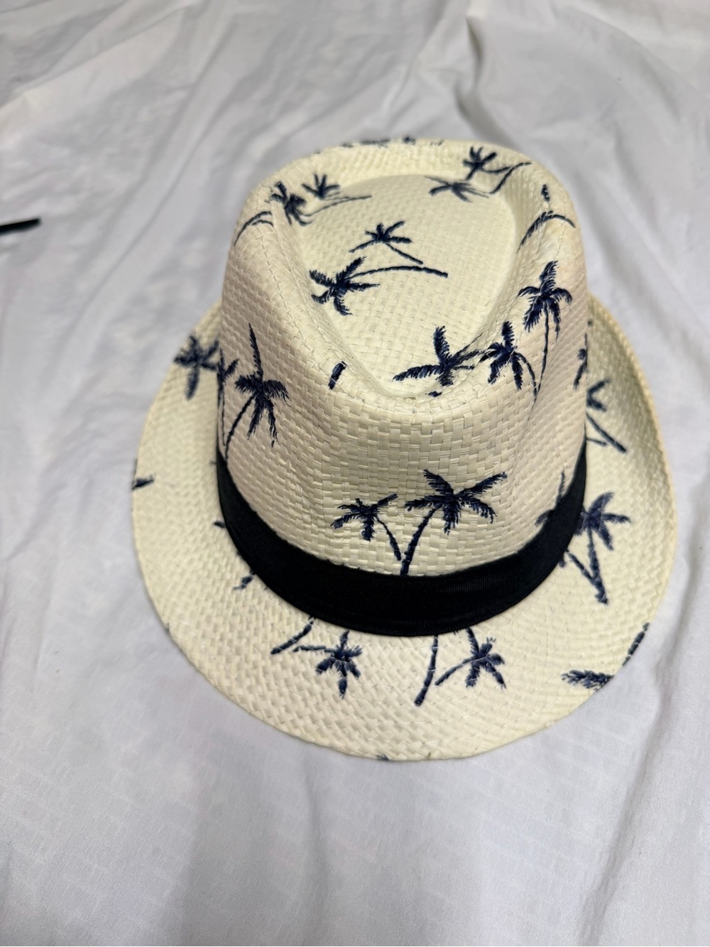 Men's Palm-Print Straw Fedora Hat - Black Band, White with Navy Palms
